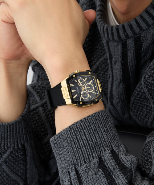 Mens Black Gold Tone Multi-function Watch